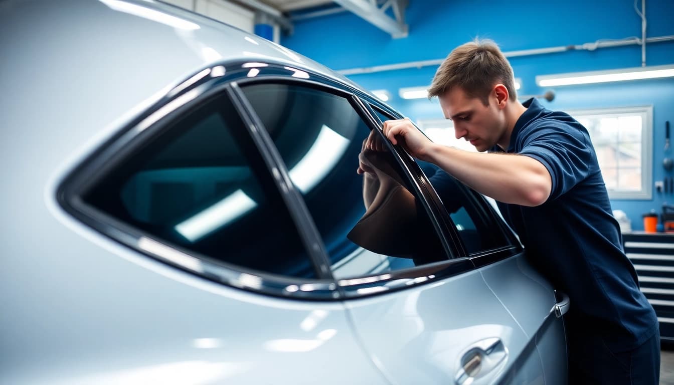 Enhance your ride with window tinting Cleveland TN showcasing a technician's expertise on a car.