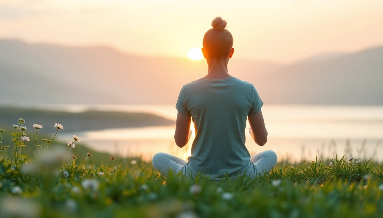 Individual practicing meditation to alleviate stress and anxiety in a tranquil natural setting.