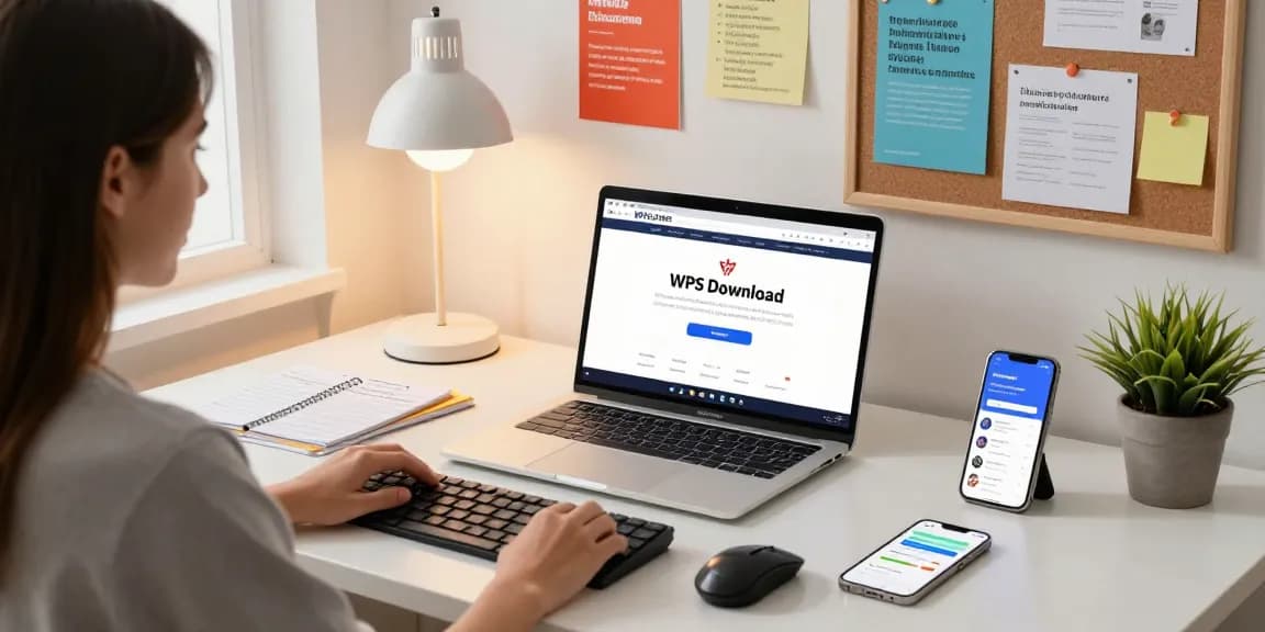 WPS Download interface shown on laptop in a vibrant tech workspace.