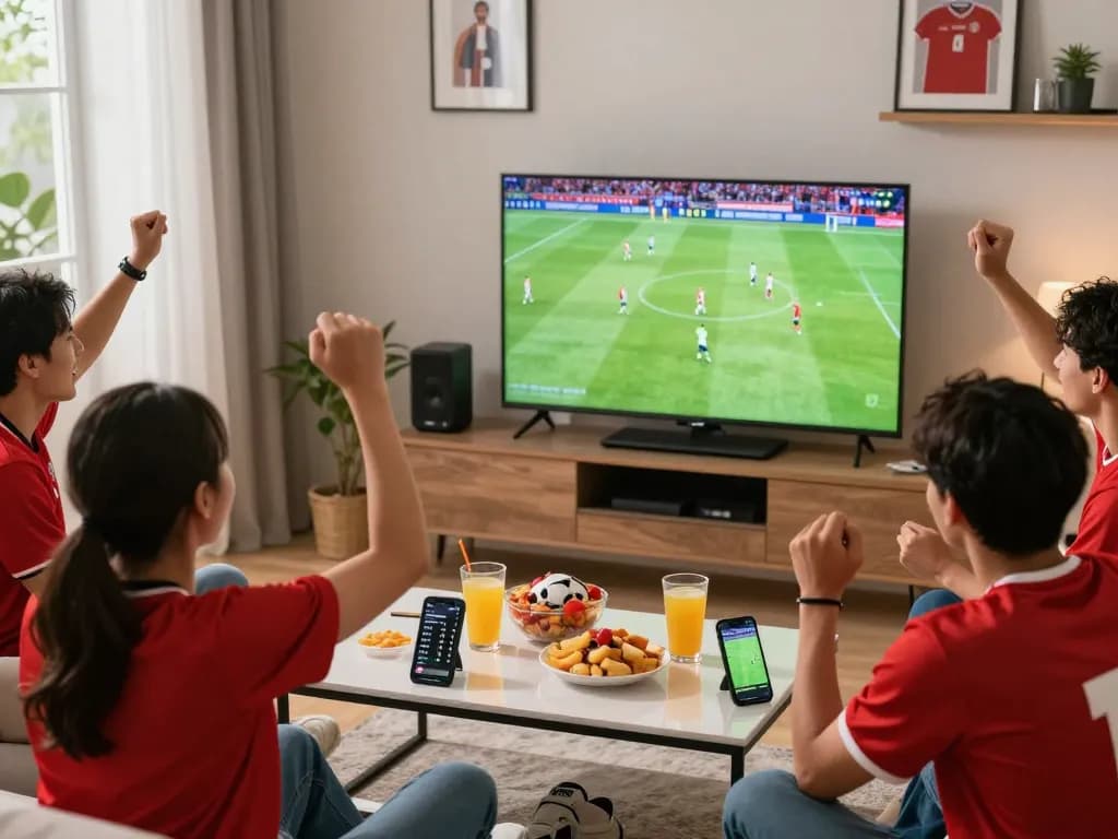 Friends enjoying a game night with cakhiatv.uk.com streaming live football on TV.
