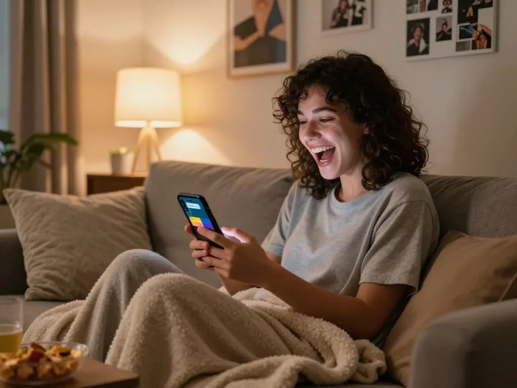 Engaging in a cozy chat with a girlfriend AI on a smartphone, showcasing virtual companionship.