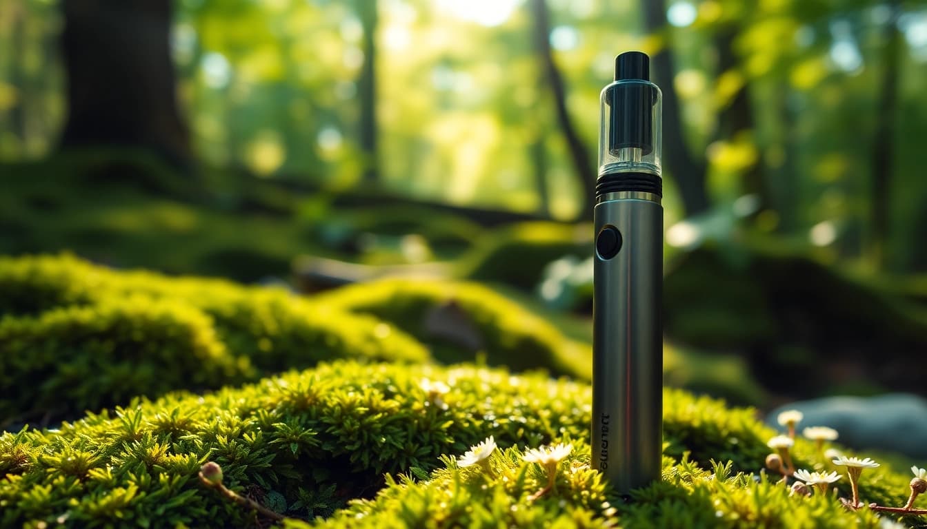 Find where to buy dmt by viewing a sleek DMT vape pen in a serene natural setting.