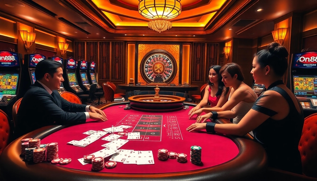 Experience the excitement of one88 with gamblers engaging at a luxury poker table in a vibrant casino setting.