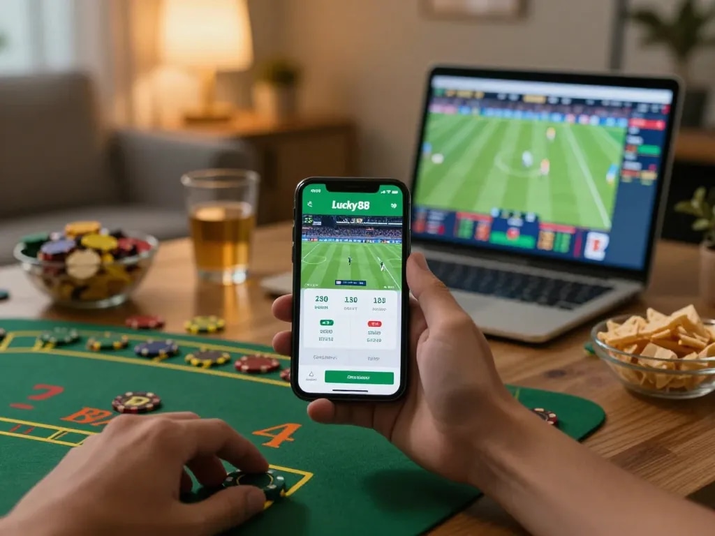 Engaging with the Lucky88 betting app during a sports event at home, showcasing strategic betting