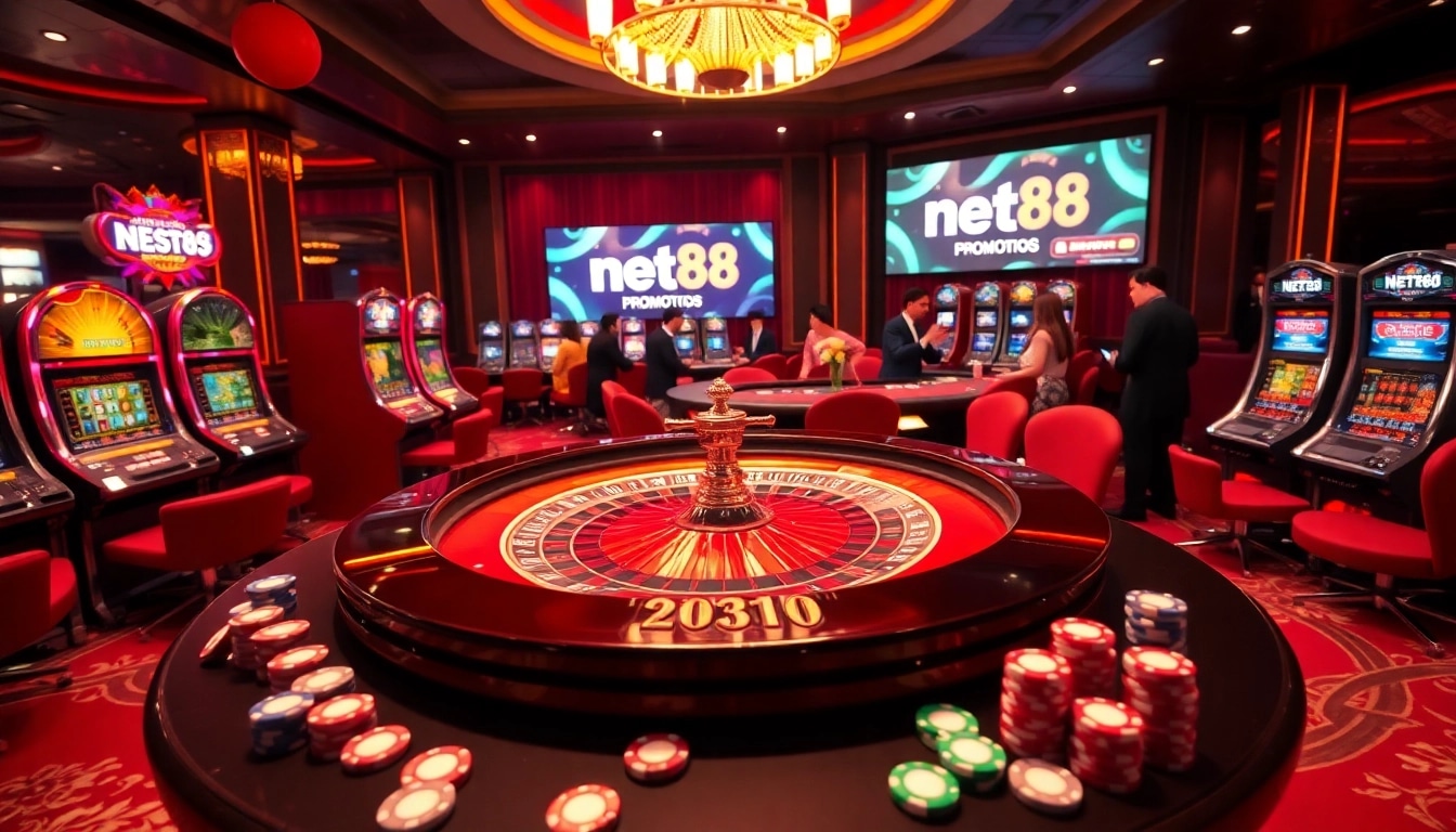 Experience thrilling net88 casino gaming at an elegant roulette table surrounded by vibrant activities.