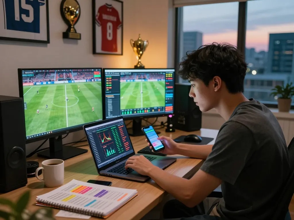 Exciting keonhacai sports betting analysis in a modern home office.