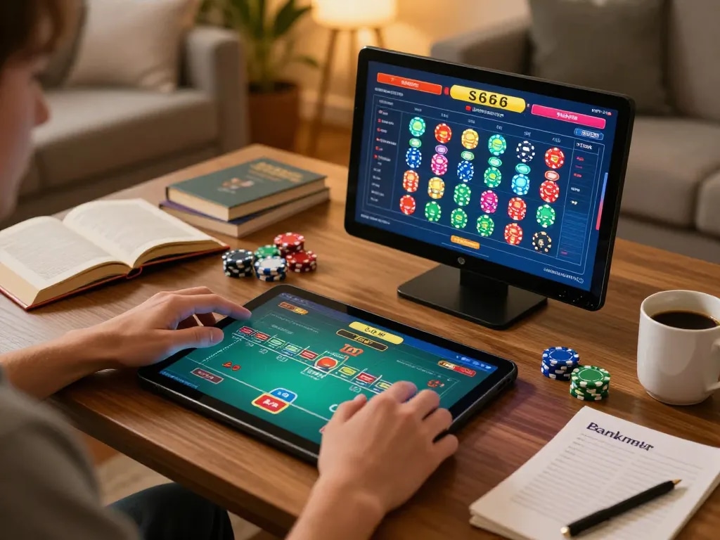 S666 online poker gameplay on a tablet in a cozy home setting, emphasizing strategic bankroll management.