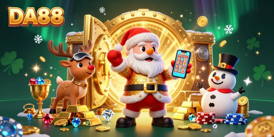 Play the DA88 slots with festive characters in a vibrant casino environment filled with treasures.