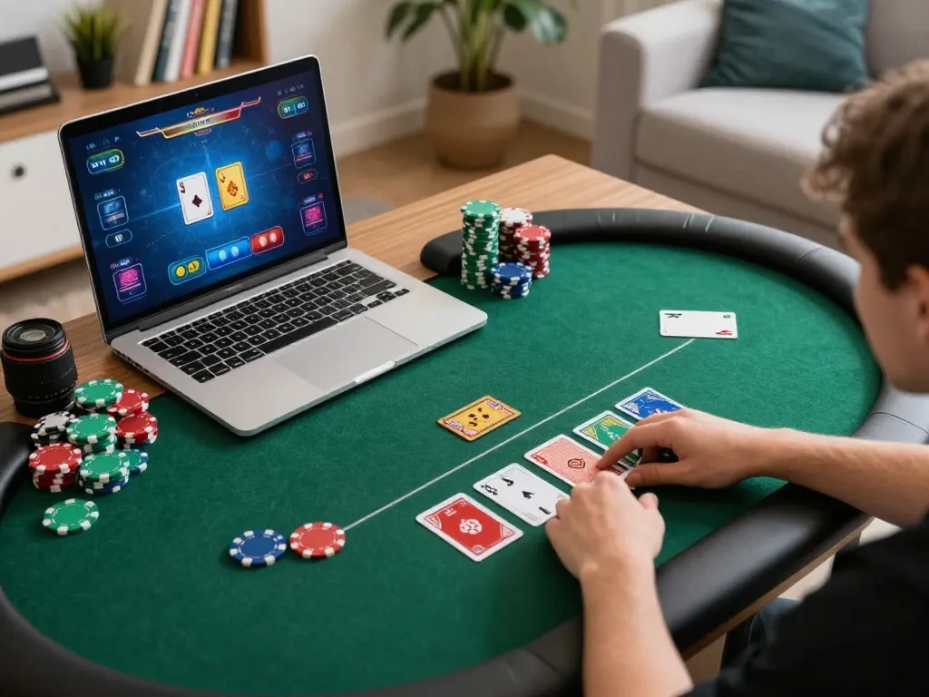 Engaging home poker session on https://13win-asia.com/ with vibrant game visuals and chips on a laptop screen.