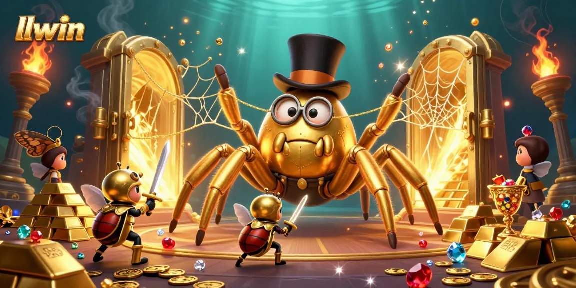 Experience the thrill at llwin as a brave beetle knight approaches a golden tarantula in a vibrant casino scene.