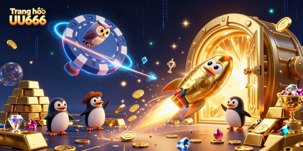 Experience thrilling action on Trang chủ UU666 with a golden penguin navigating space toward a vibrant casino!