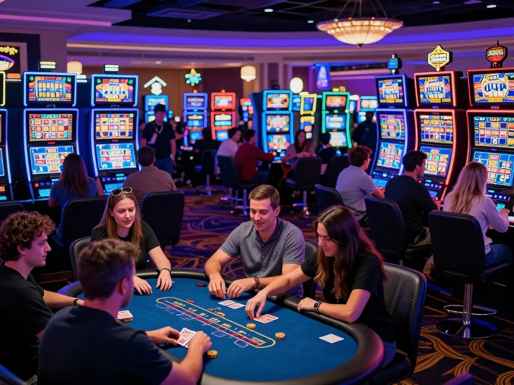 Engaged players at a Las Vegas casino enjoy tx88 slot games with vibrant neon lights.