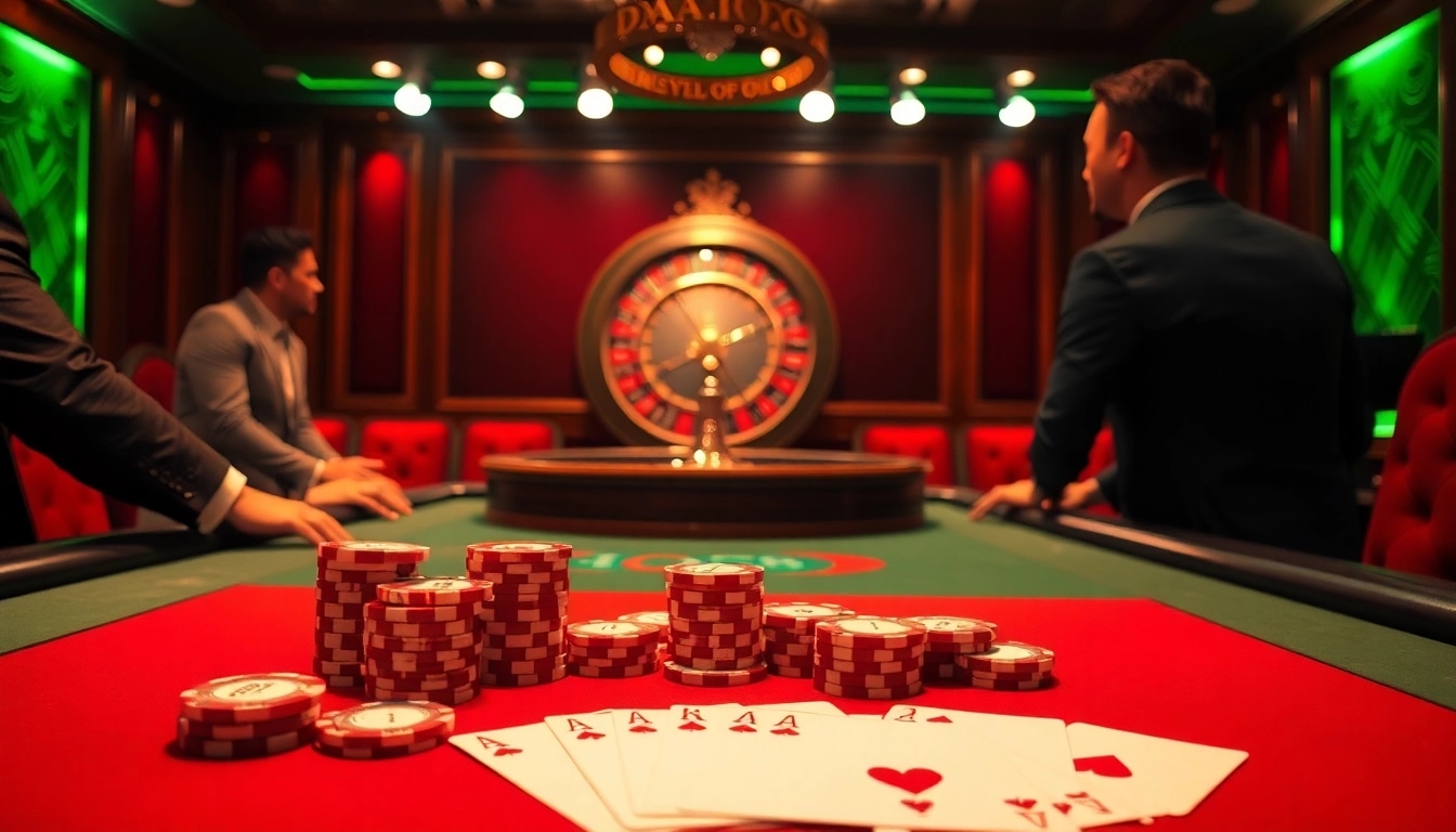 Engaging poker scene in a casino showcasing DA88 chips and vibrant colors, evoking excitement and thrill.