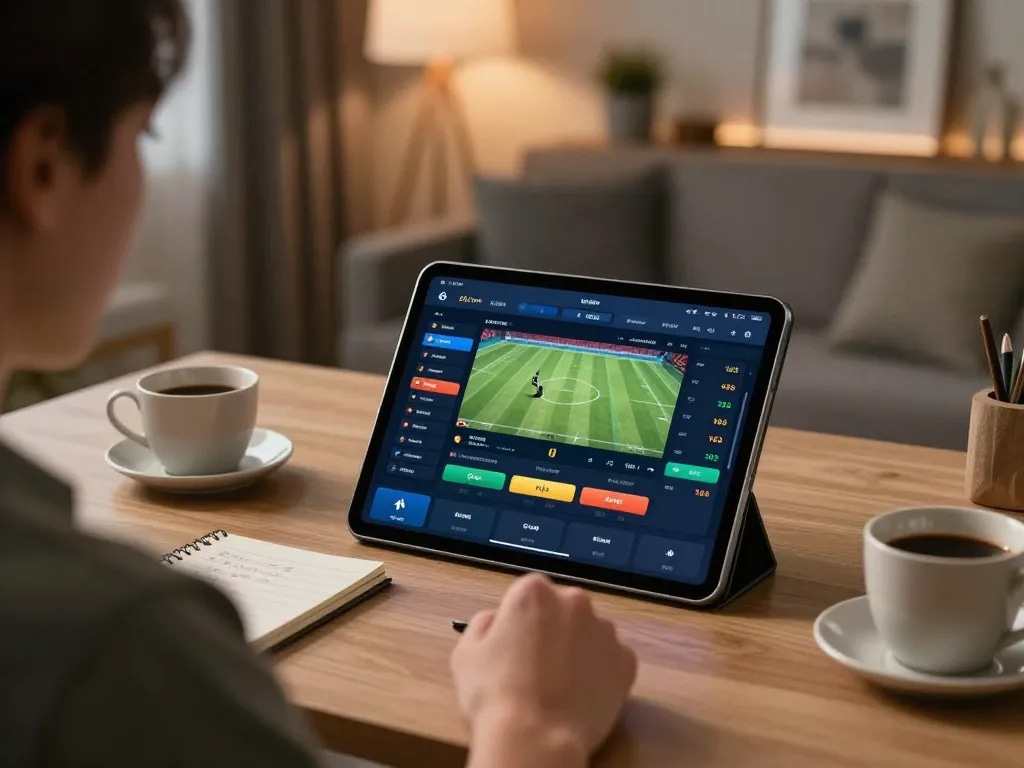 Vin88 user engaging in live sports betting with sleek tablet setup and betting interface