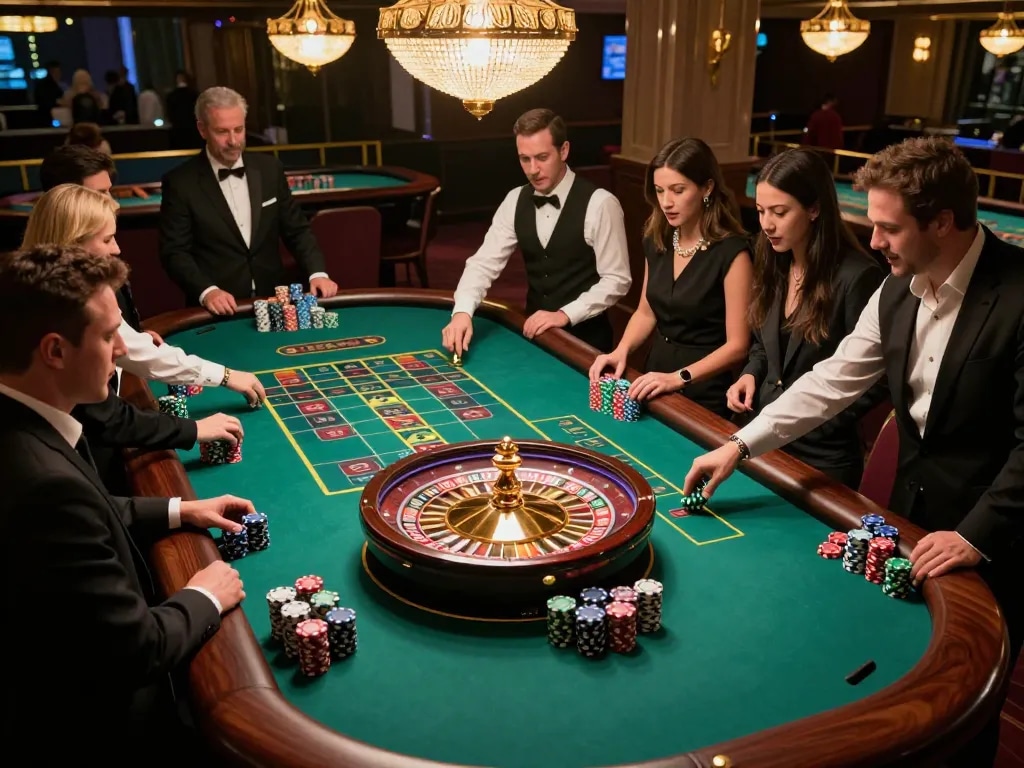 Players eagerly placing bets at a roulette table in a luxury casino, showcasing tx88 excitement and strategy.