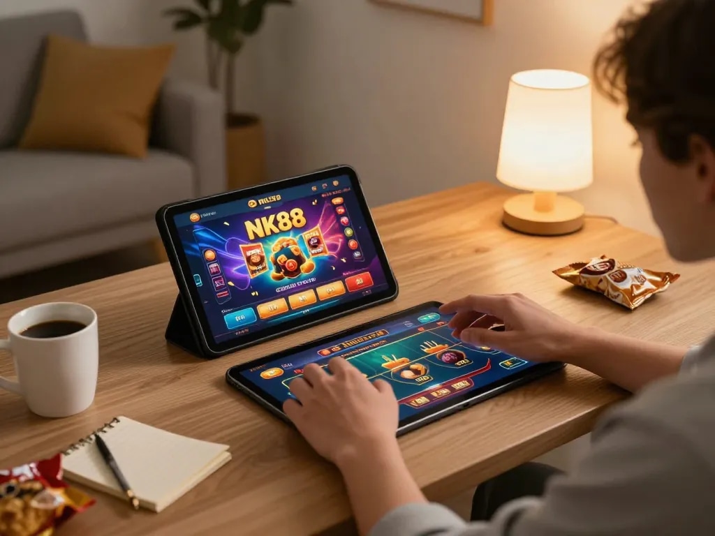 Player engaging with NK88 game on tablet in cozy home setting, showcasing online gaming experience.