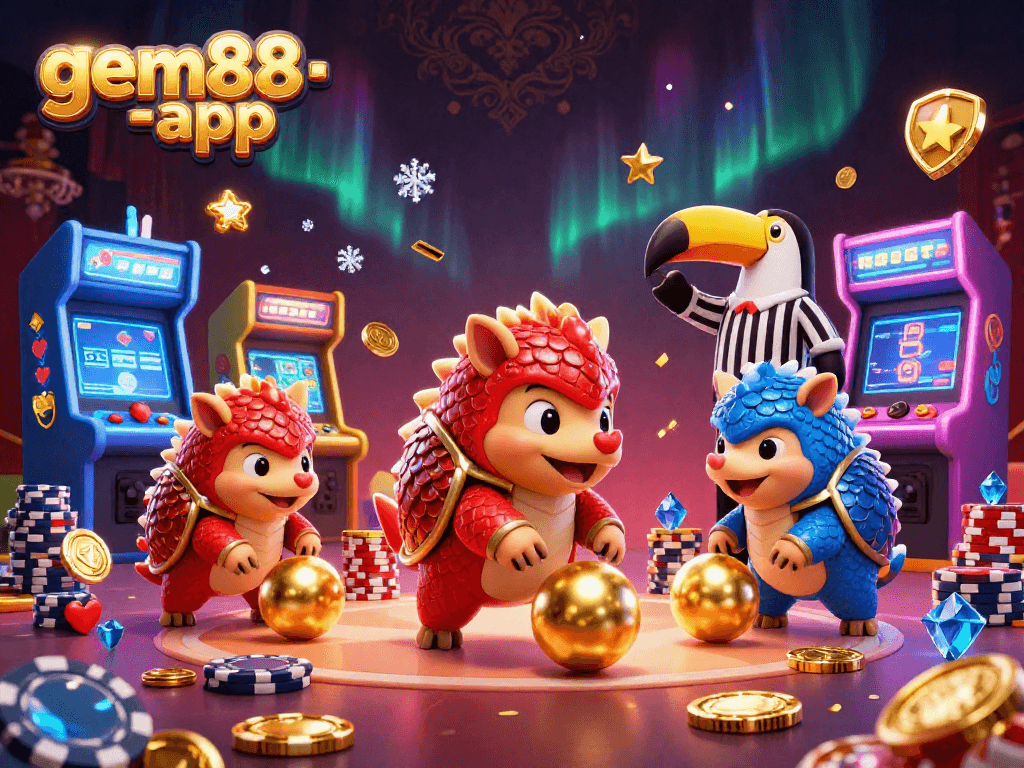 Experience gem88-app with vibrant pangolins bowling through chips in a colorful casino scene.