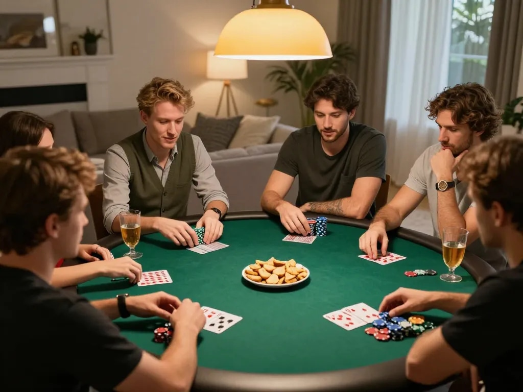 Friends engaging in a thrilling poker game, demonstrating strategy and fun at home, lucky88 atmosphere.
