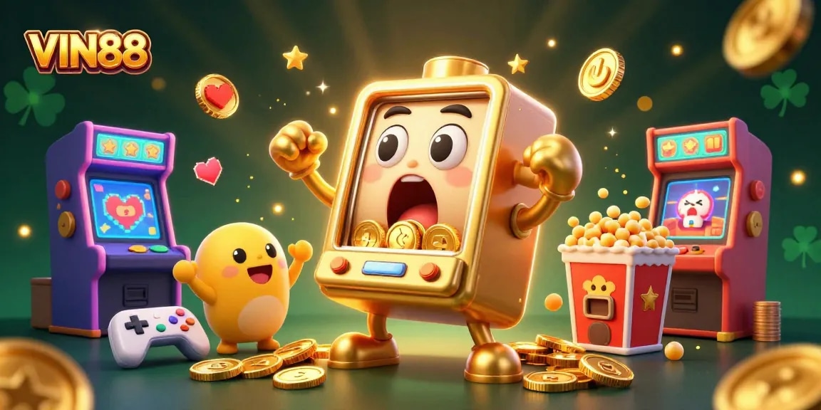 Experience the excitement of WINNING at VIN88 with animated golden slot machines rolling in coins!