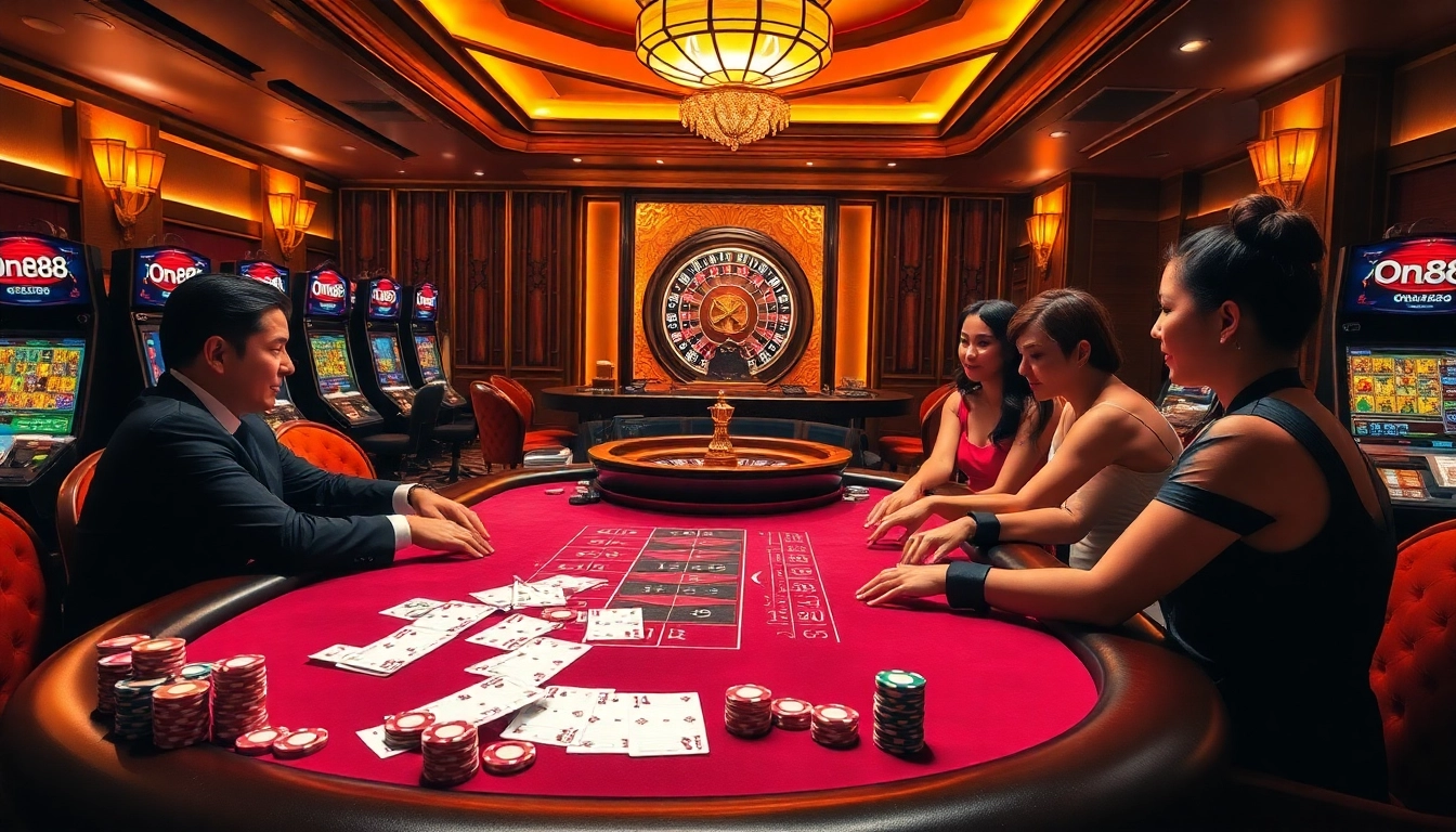 Experience the excitement of one88 with gamblers engaging at a luxury poker table in a vibrant casino setting.
