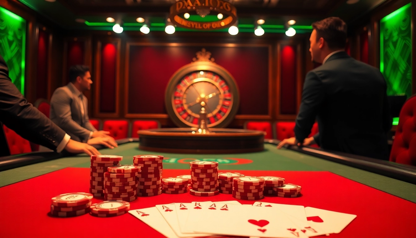 Engaging poker scene in a casino showcasing DA88 chips and vibrant colors, evoking excitement and thrill.