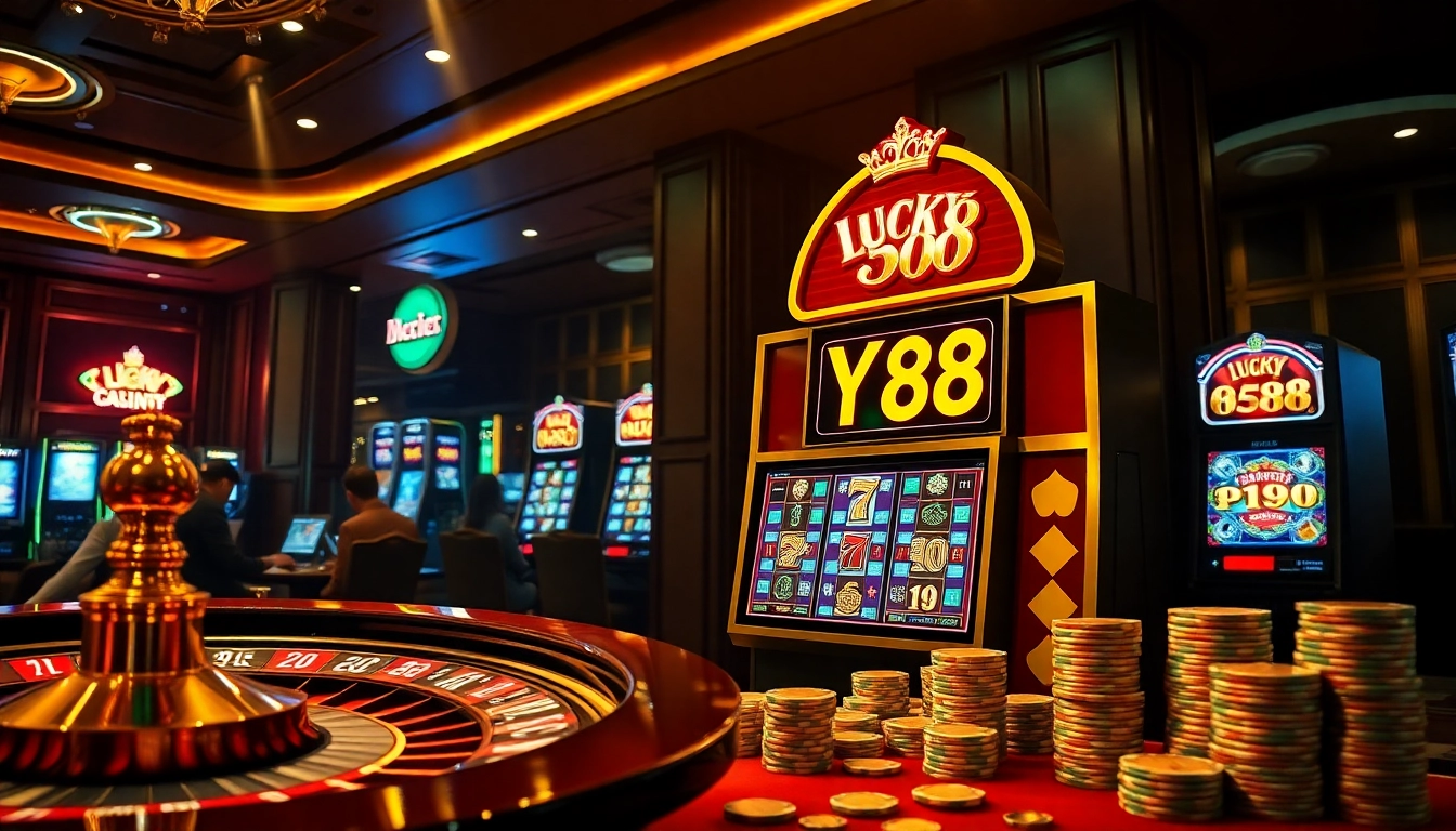 Players celebrate near the LUCKY88 slot machine in a vibrant casino setting.