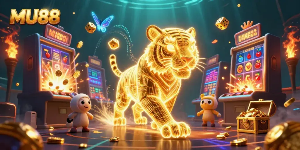 Experience thrilling gaming at MU88 with neon tiger amidst dynamic slot machines and golden treasures.