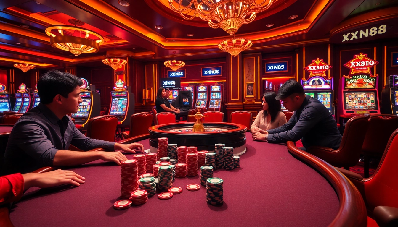 Experience the thrill of XX88 with players enjoying intense poker games and vibrant casino atmosphere.