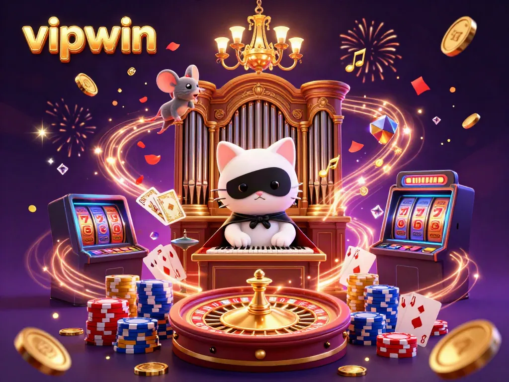 Experience the excitement of vipwin with a dynamic casino scene featuring a charming phantom cat and vibrant gaming elements.