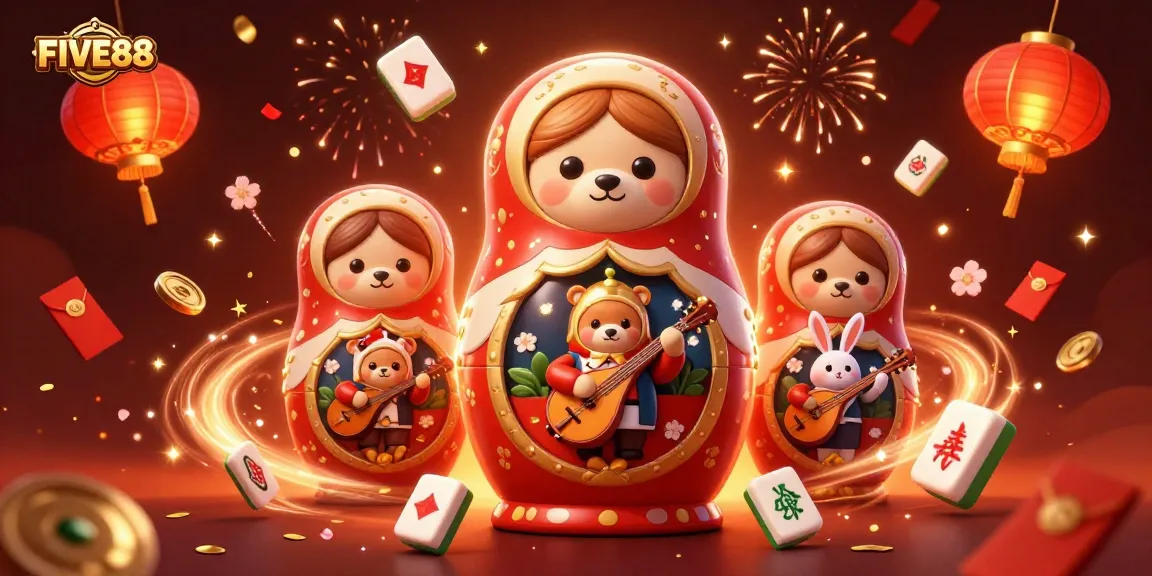 Engage in thrilling casino action with FIVE88 surrounded by festive elements and characters representing gambling culture.