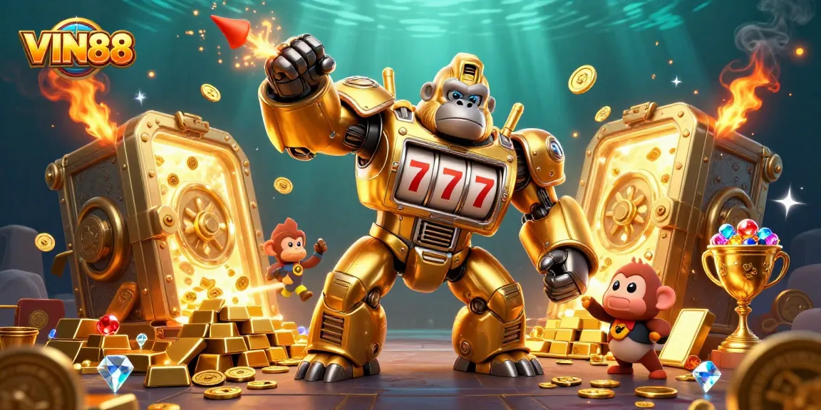 Experience the excitement at VIN88 with a transformer gorilla mech smashing coins and treasures.