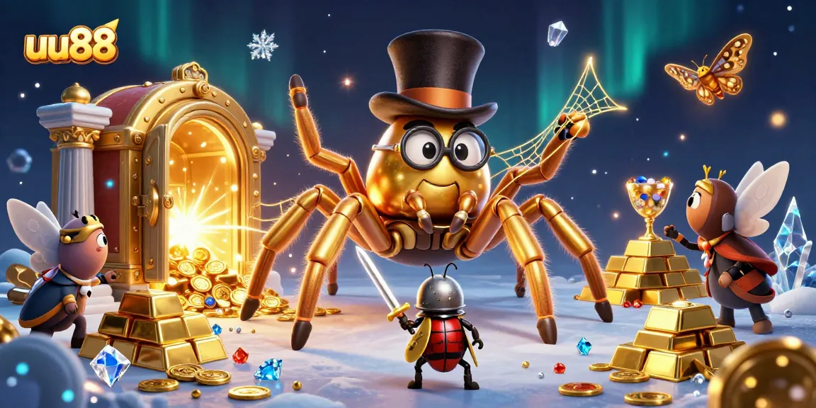 Experience thrilling casino moments with uu88, illustrated by a golden tarantula weaving webs of excitement.