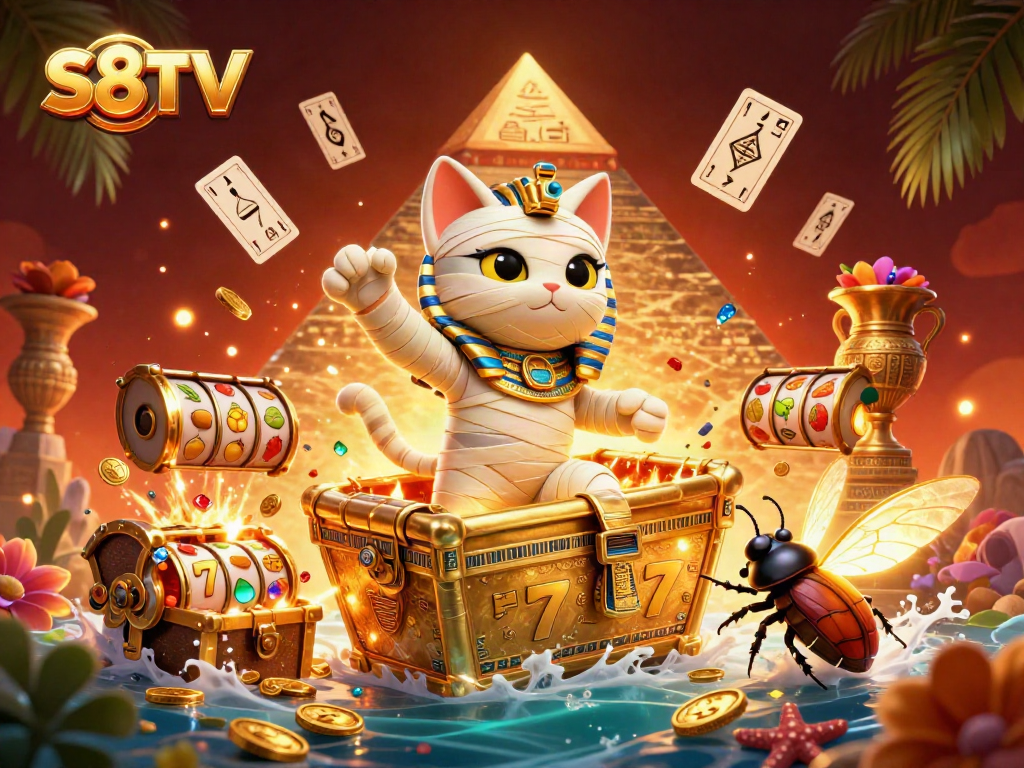S8TV reveals a vibrant casino scene with an Egyptian mummy cat and glowing elements, showcasing excitement.