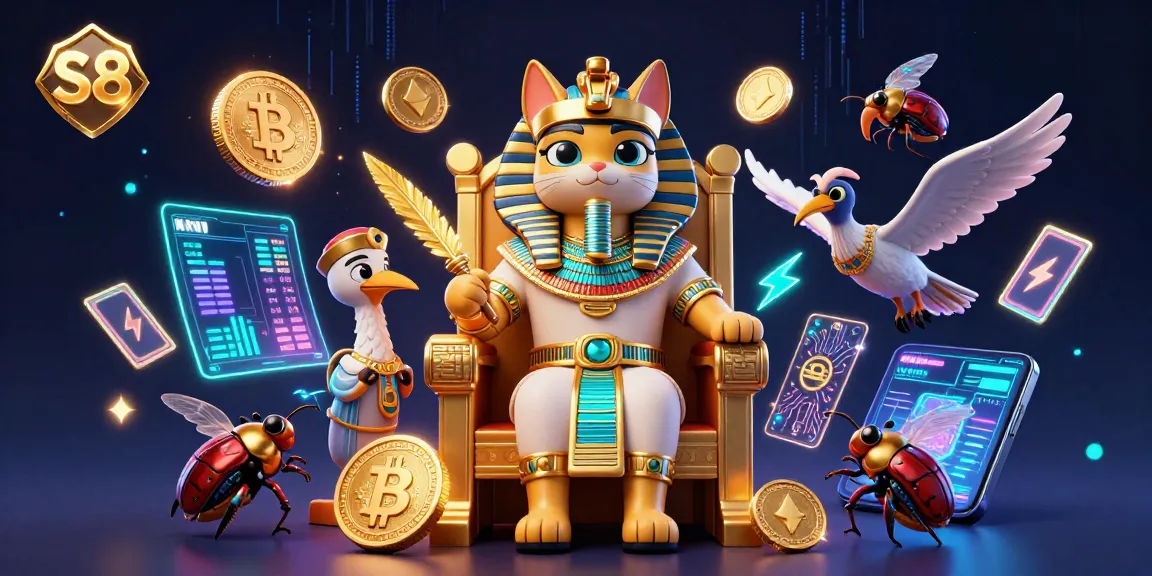 S8 pharaoh cat rules a golden casino throne among glowing coins and holographic displays, celebrating winning strategies.