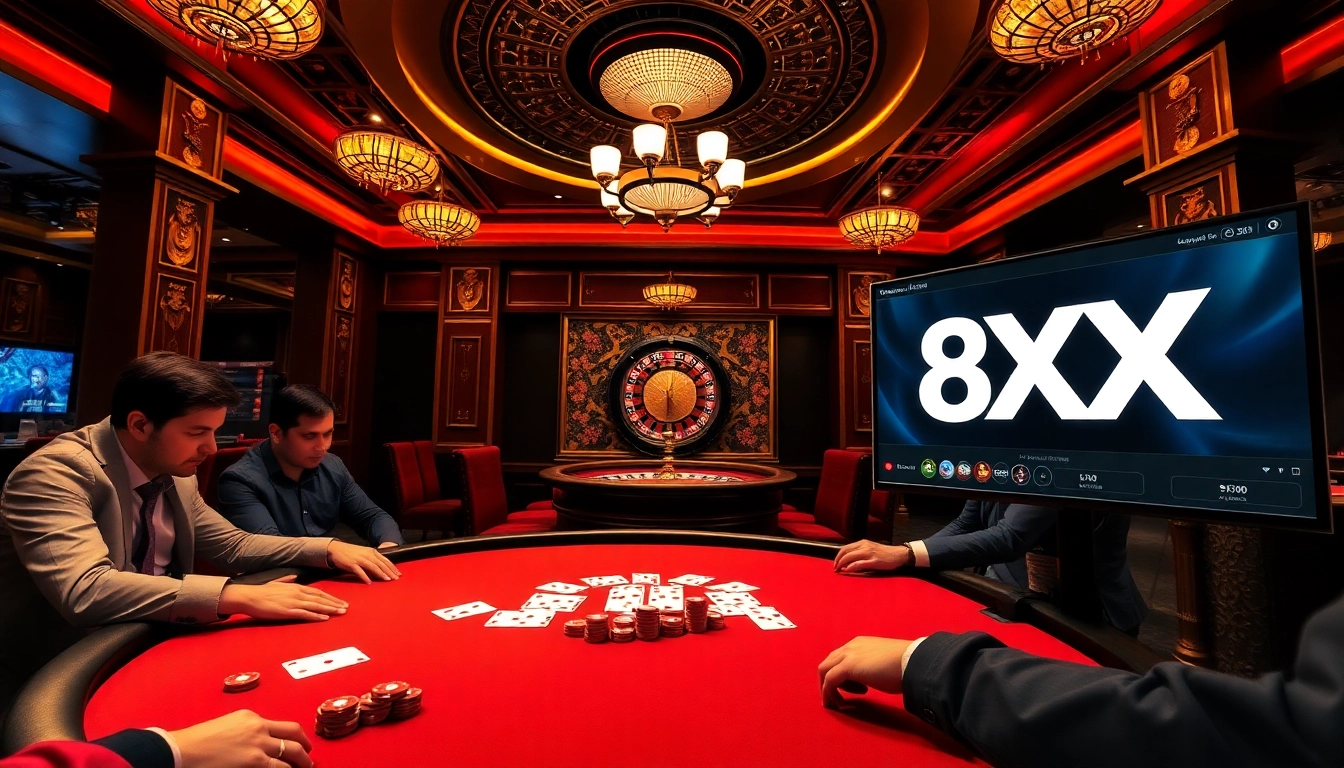 Gambling action at a professional casino with 8XX branding on the online interface.