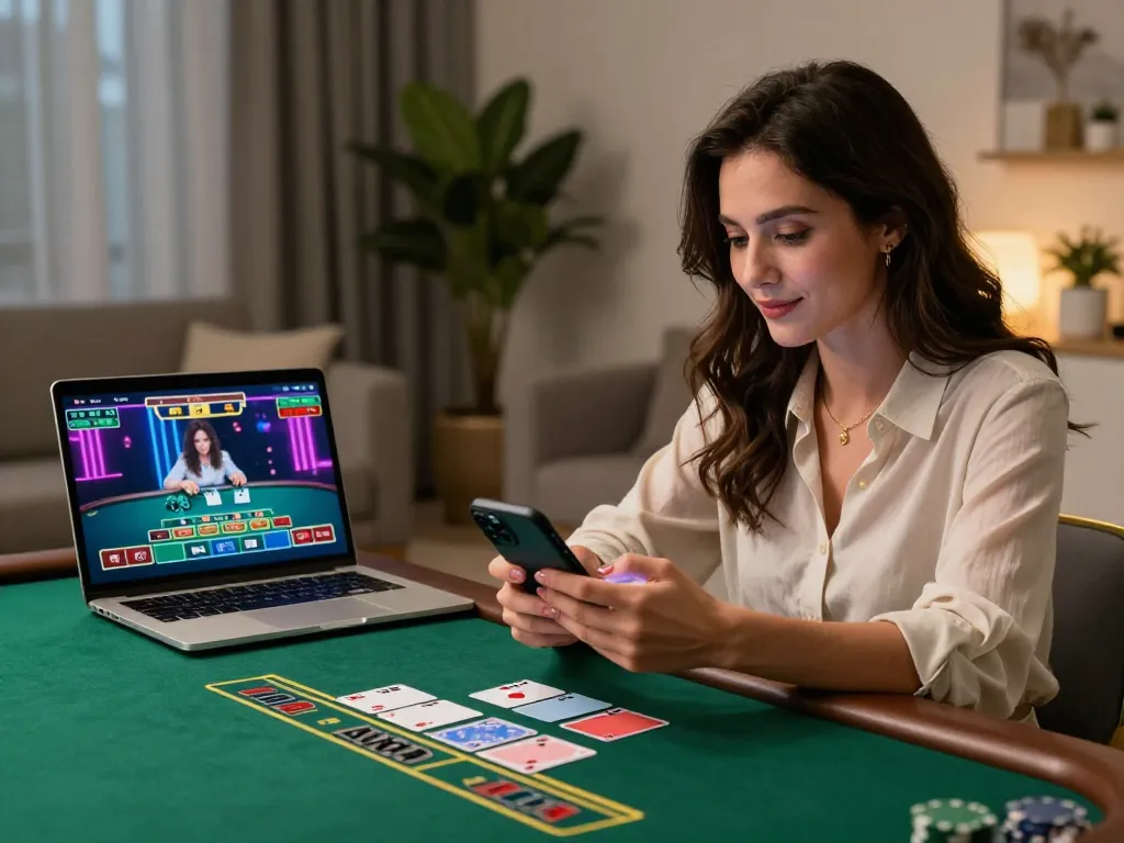 Experience the thrill of betting at nhà cái MM88 with a woman engaged in live dealer blackjack on her smartphone