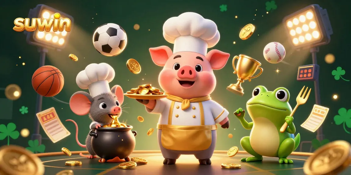 Experience winning moments with suwin, featuring a lively chef pig and dynamic sports elements in this engaging gambling scene.