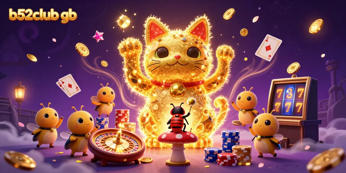 Experience the excitement of b52club gb with a vibrant illustration of a lucky cat and casino symbols.