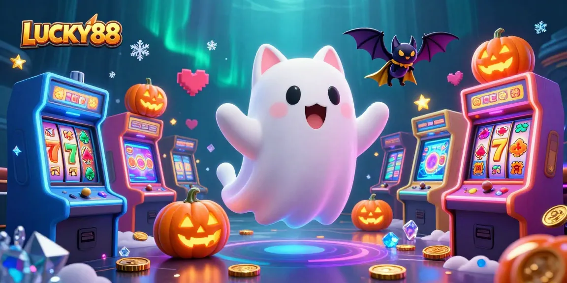 Experience the thrill of LUCKY88 with a ghost cat and casino games in a magical gaming scene.