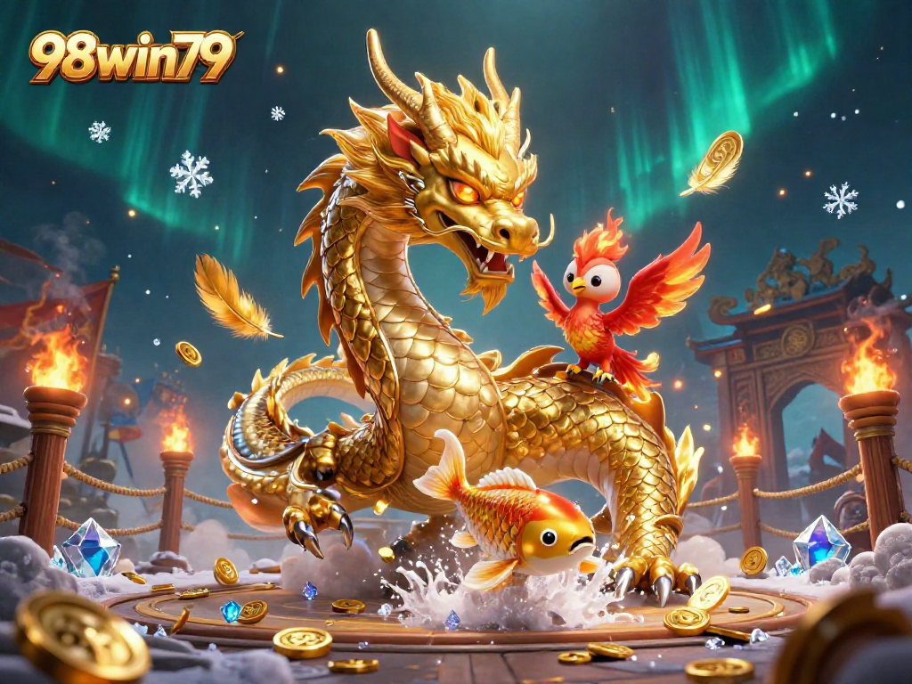 Experience thrilling victories with 98win79 in this vibrant casino illustration featuring a dragon and phoenix.
