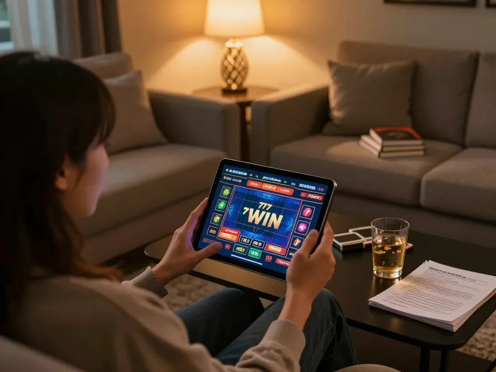 Player strategizing for 77 WIN games on tablet in cozy home setting