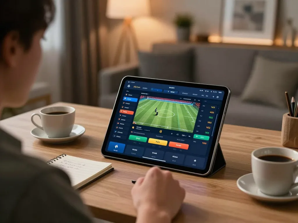 Vin88 user engaging in live sports betting with sleek tablet setup and betting interface