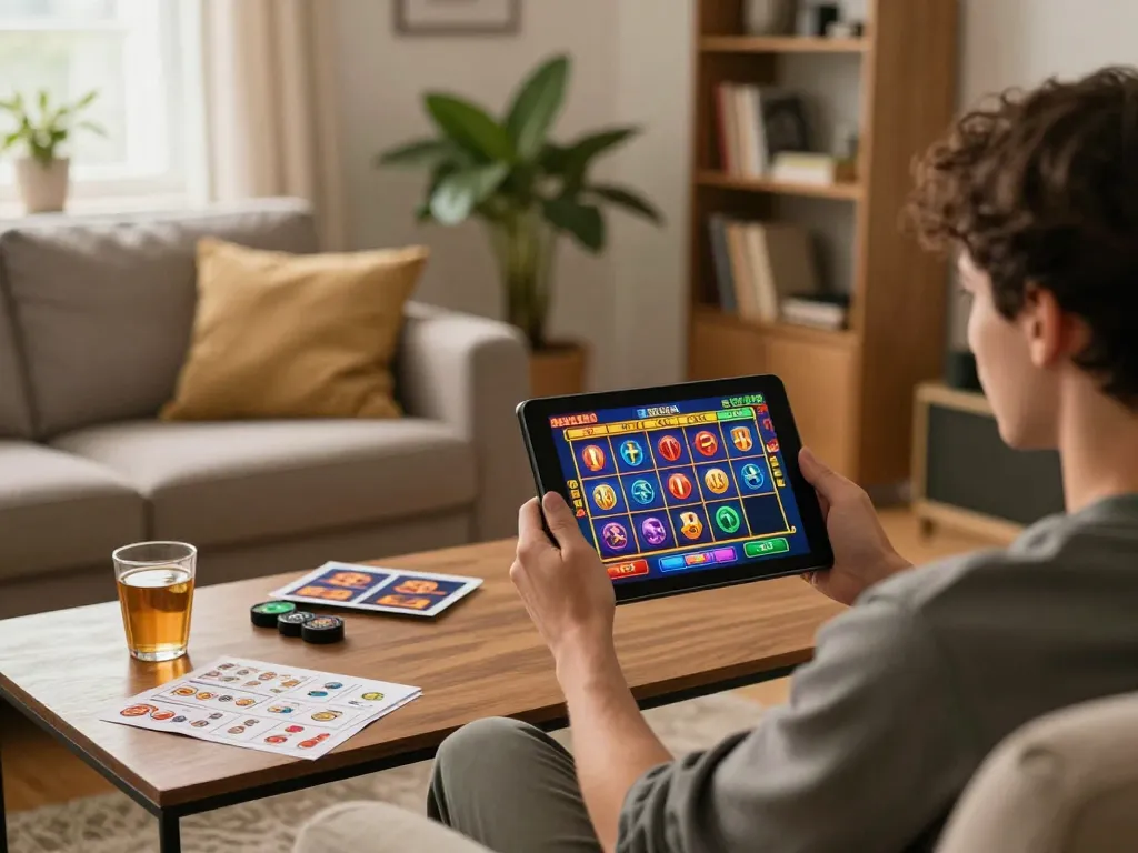 Person enjoying video slots on a tablet in a cozy living room, representing mm88br online gambling.