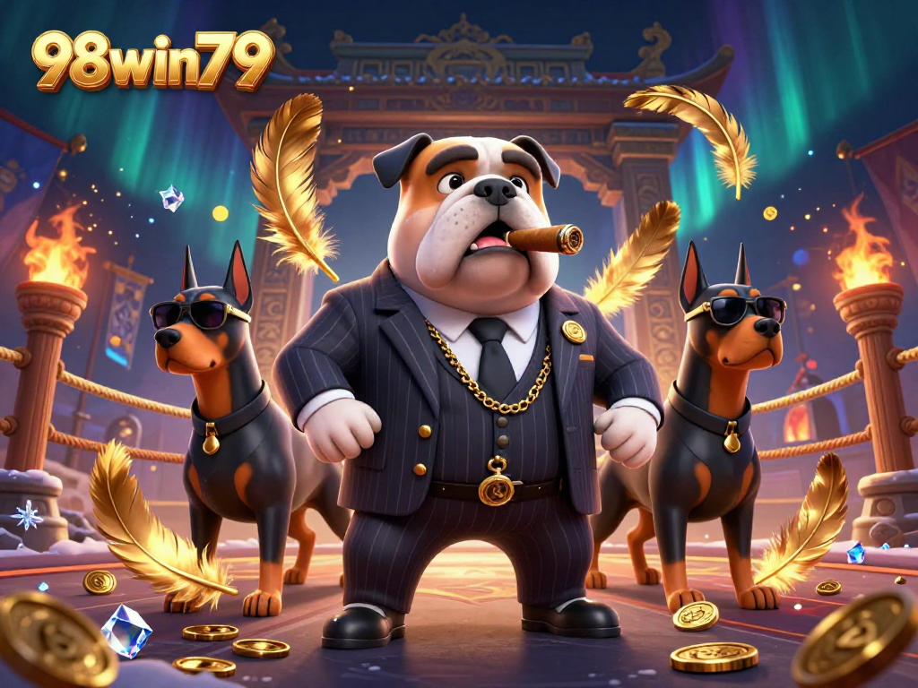 Bet big at 98win79 with powerful mafia-themed illustration showcasing thrilling casino elements.