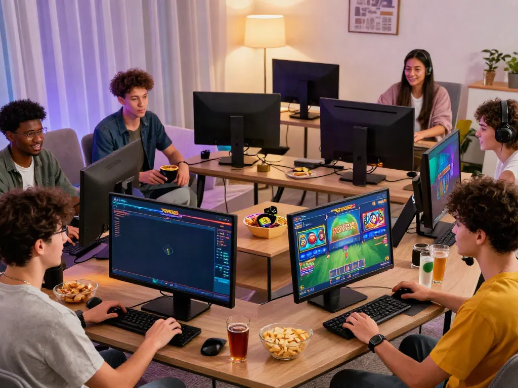 Players enjoying the rokok88 slot game in a lively living room atmosphere.