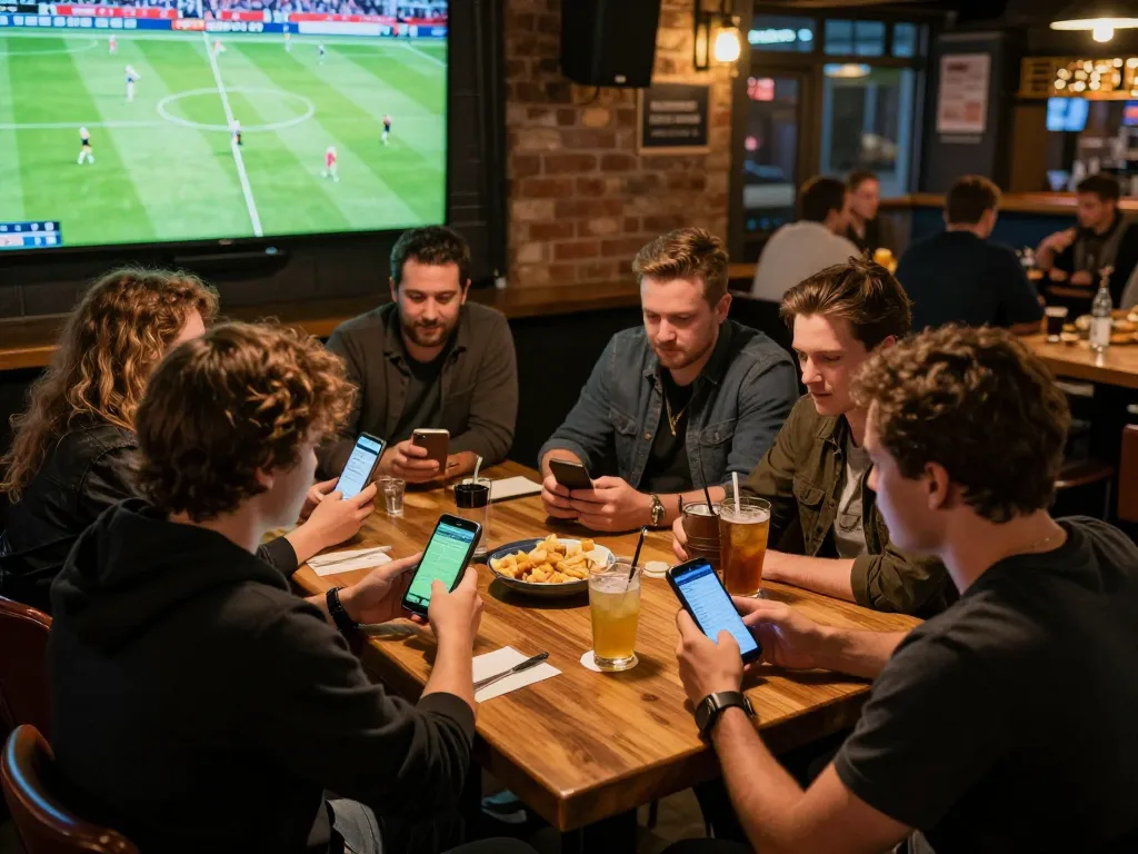 Friends engaging in live sports betting at 9bet in a lively sports bar atmosphere.