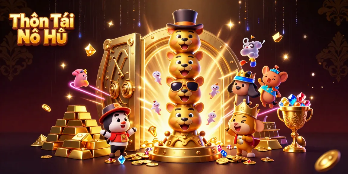 Engage with Thần Tài Nổ Hũ in an exciting 3D casino-themed illustration bursting with gold and jewels.