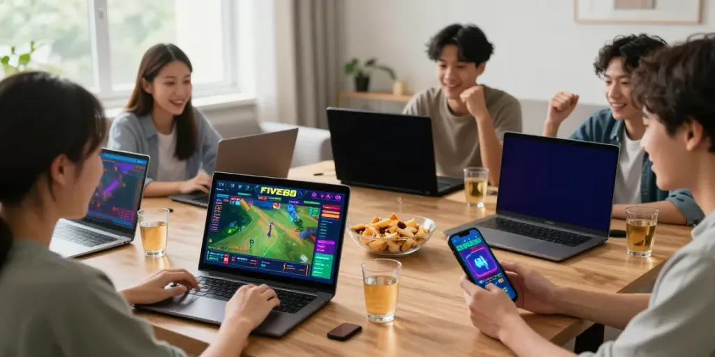 Excited gamers engaging with FIVE88 platform during a live sports betting session.