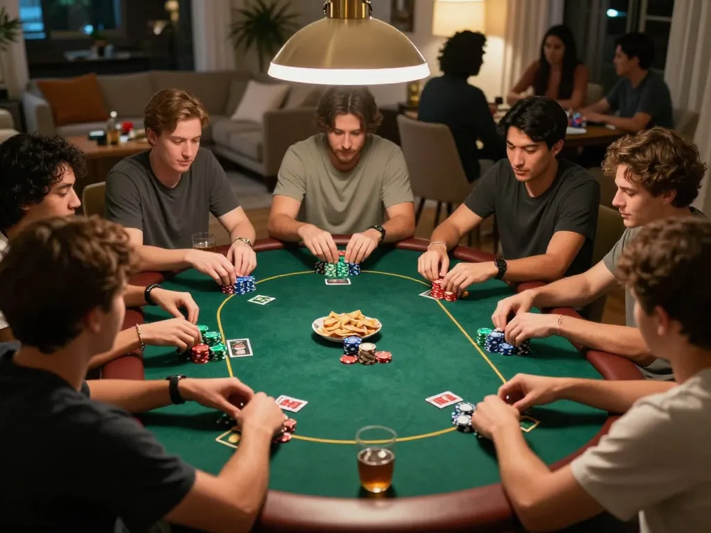 Friends enjoy poker at home, showcasing camaraderie and engaging gaming at lu88.jpn.com
