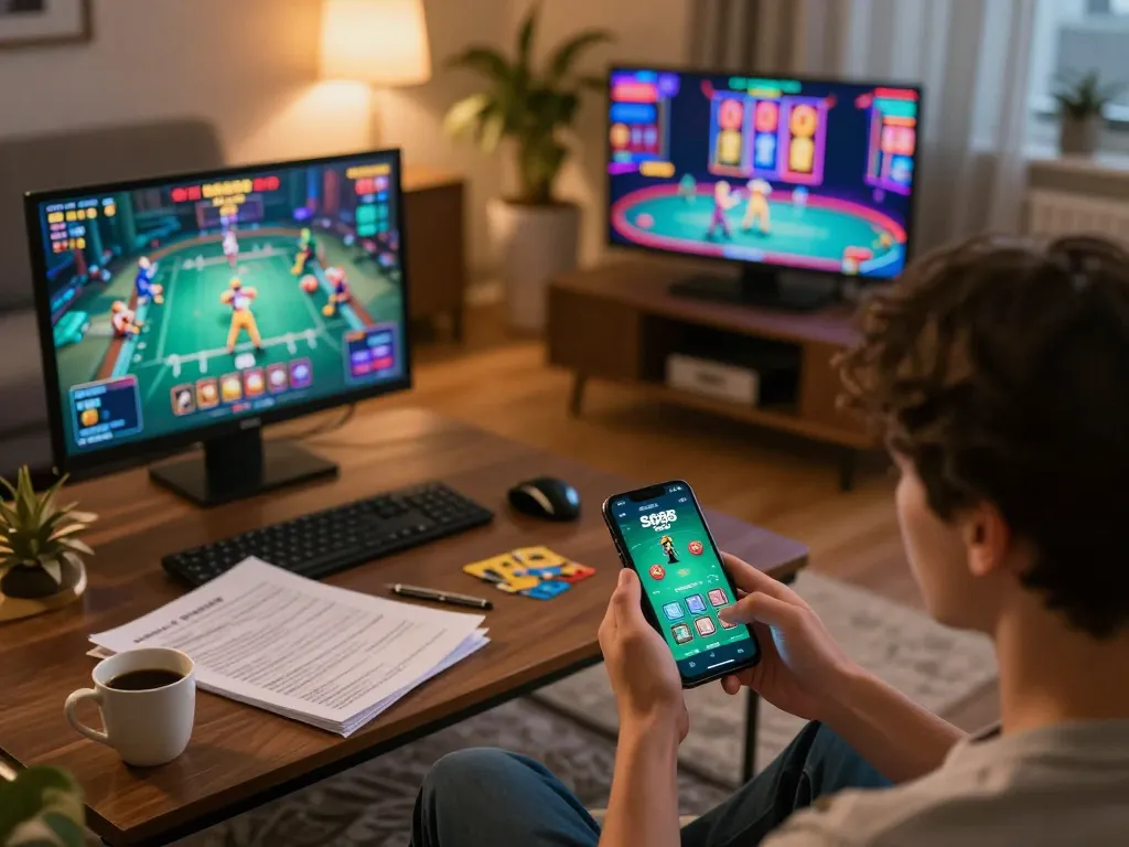 Engaging in strategic online gaming on SC88 Com app with vibrant home ambience for responsible entertainment